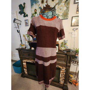 JOE FRESH Long Sleeve Dress S Burgundy White